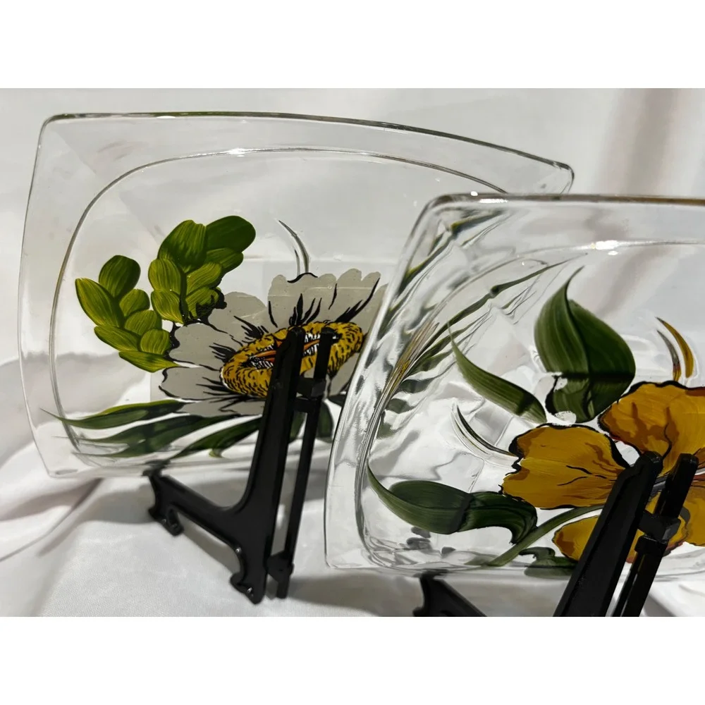 2 Vintage Hand Painted Floral Glass Plates Square cup holder‎ MCM Garden Party